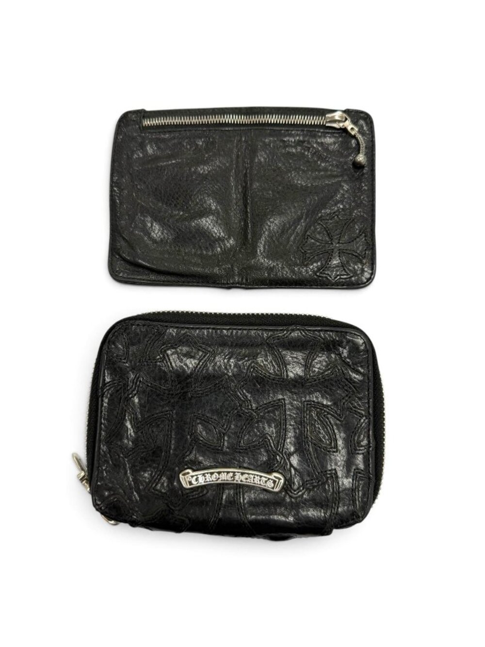 Chrome Hearts Bank Robber Cemetery Cross Patch Round Zip Leather Compact Wallet